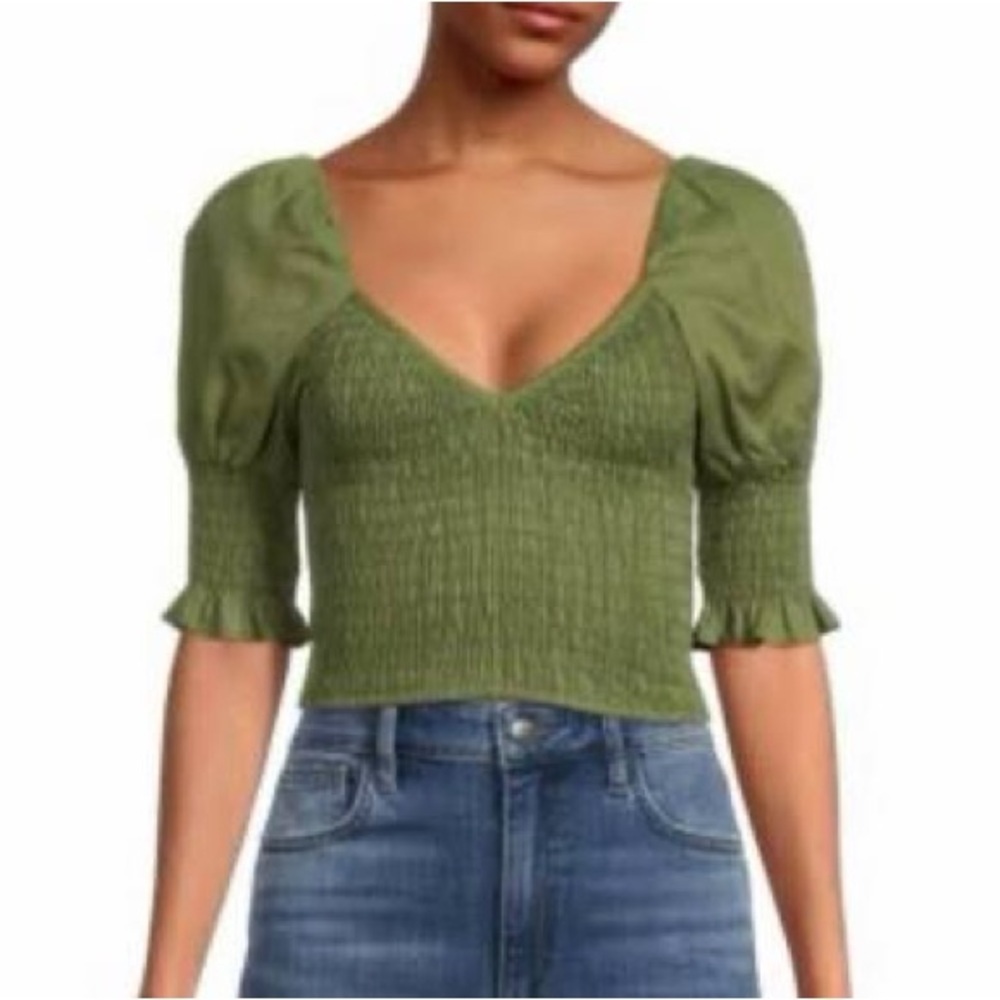 Misa Los Angeles Calla Smocked Crop Top Puff Sleeves Olive, NEW NWT